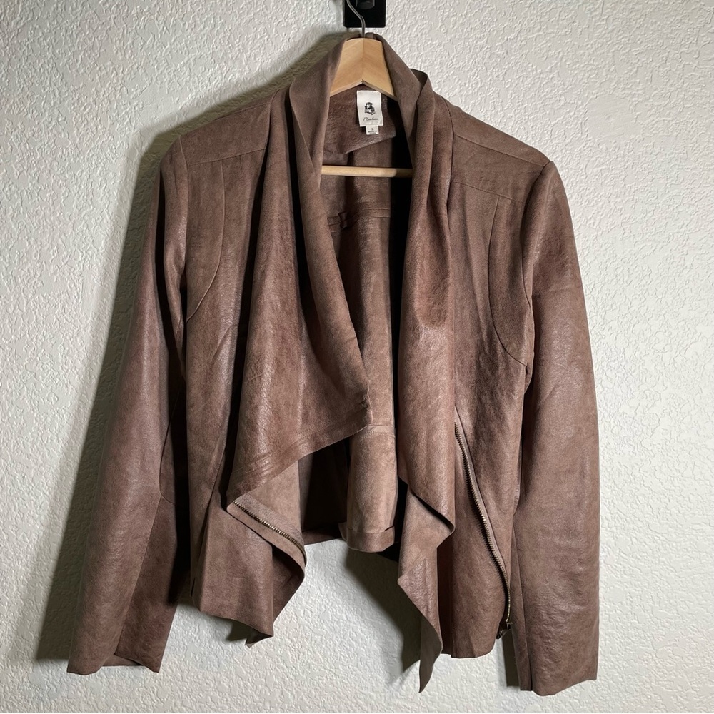 Flawless Women’s Long Sleeve Waterfall Zip Up Moto Jacket Tan Vegan Suede Small